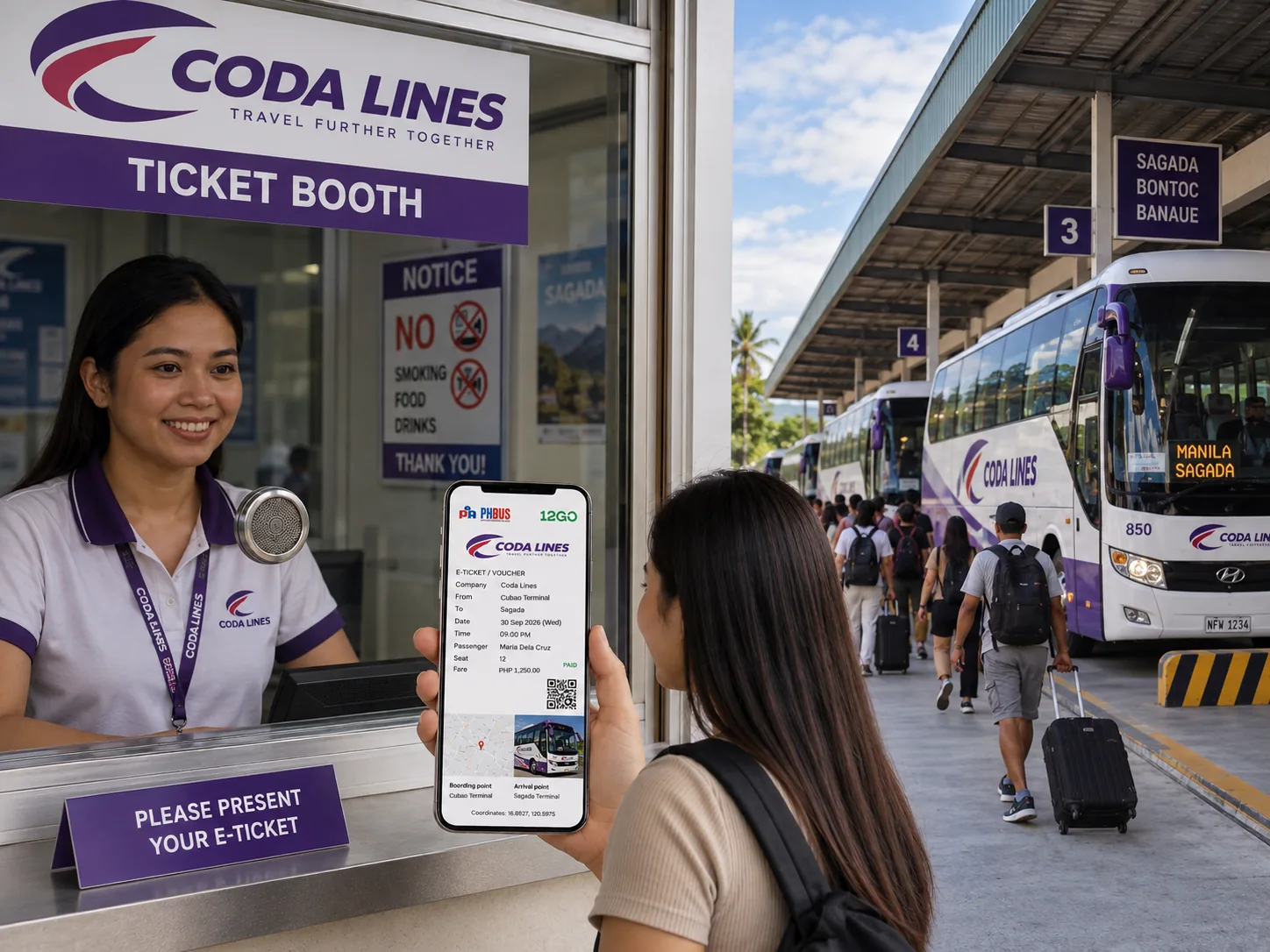Passenger showing a Coda Lines e-ticket from Cubao Terminal to Sagada on her phone at a Coda ticket booth, with purple-and-white buses boarding behind